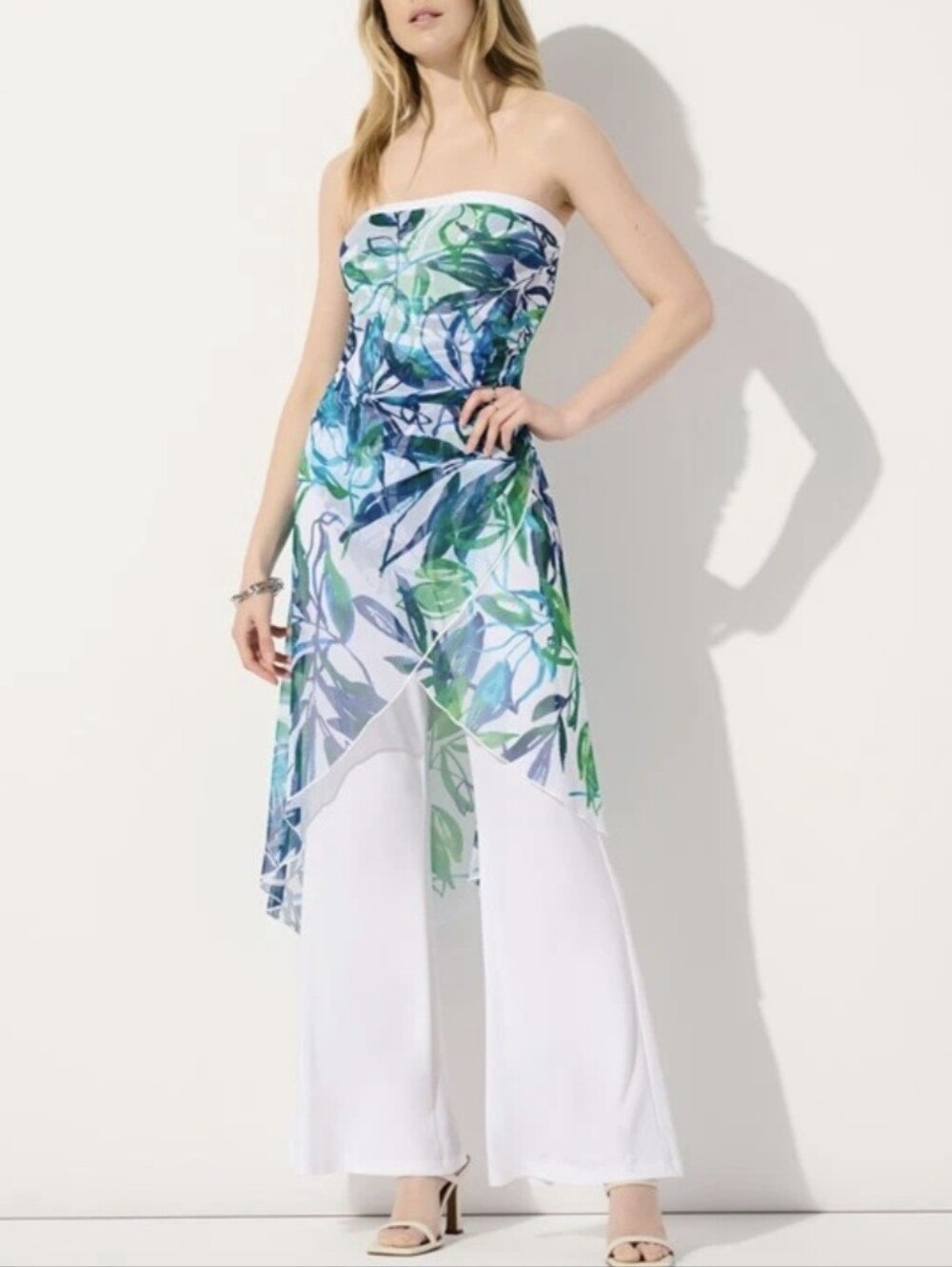 Joseph Ribkoff Jumpsuit Mesh & Silky Knit Tropical Blue Green Vanilla Size 8 NEW